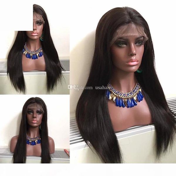 

full lace human hair wigs straight malaysian virgin hair 150 density with baby hair lace front wig for black women bleached knots, Black;brown