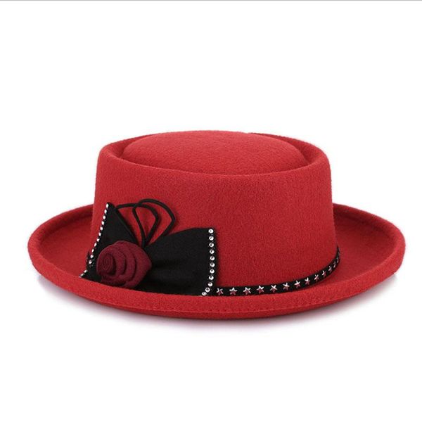 

2017 brand new wool boater flat hat for women's wide brim fedora hat laday prok pie chapeu de feltro bowler gambler wmtwzc, Black;white
