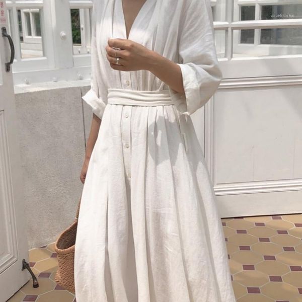 

women's dress spring long elegant office korea popular v-neck loose bandage loose beach ladies clothes white and black dresses1, Black;gray
