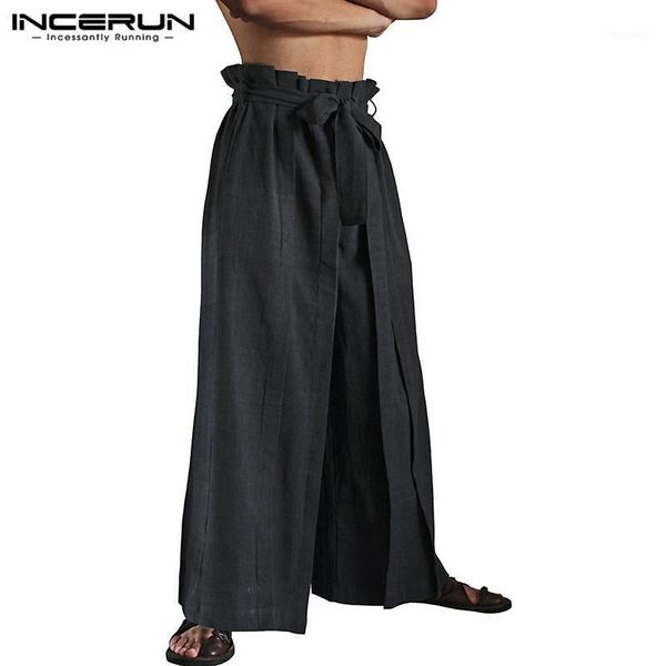 

loose trousers masculina incerun vintage solid color mens wide leg pants male leisure cotton with belt high waist joggers s-5xl1, Black