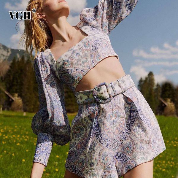 

vgh elegant print women two piece set sqaure collar lantern sleeve short high waist lace up shorts hit color suit female new lj201120, White