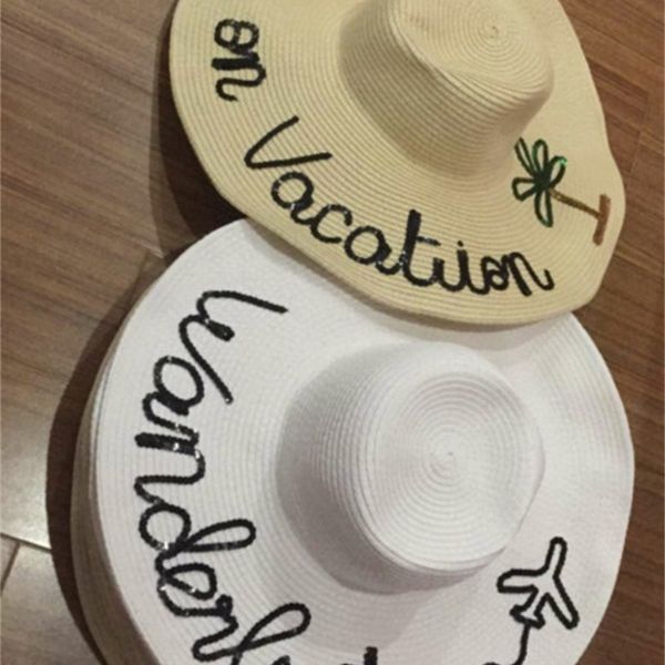 

customized women summer paper large brim sequin sun hat beach hat y200602, Blue;gray