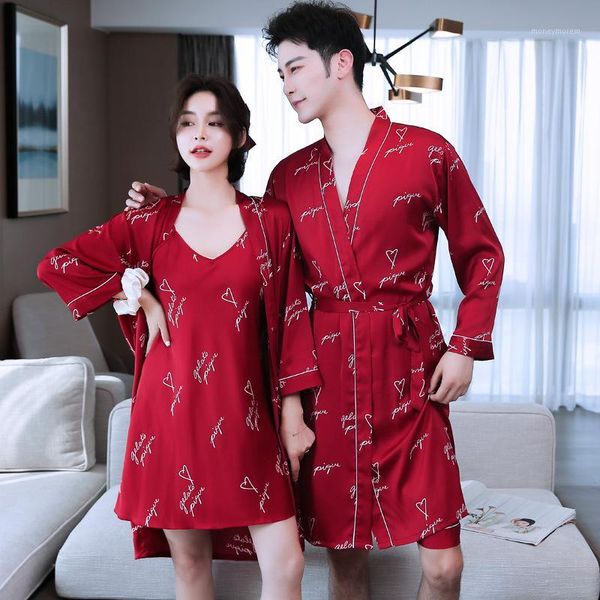 

women's sleepwear 2021 nightgown summer ice silk couple nightwear female thin two-piece suit strap nightdress shorts robe lingerie set1, Black;red