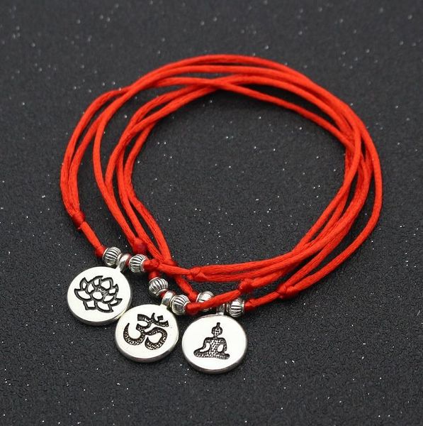 20 Stück Antiksilber Metall OM Lotus Charm Armband Fußkettchen Viel Glück Rote Schnur Freundschaftsarmbänder für Frauen Männer Schmuck Geschenk