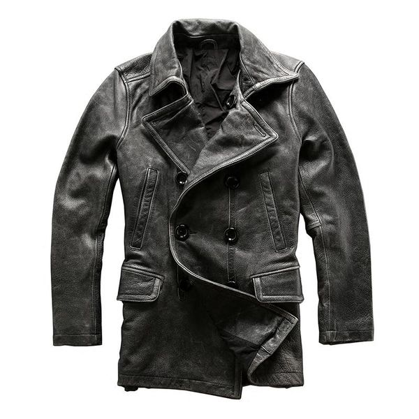 

read description asian size mans winter genuine cow leather jacket men's classic gray cowhide leather pea coat, Black