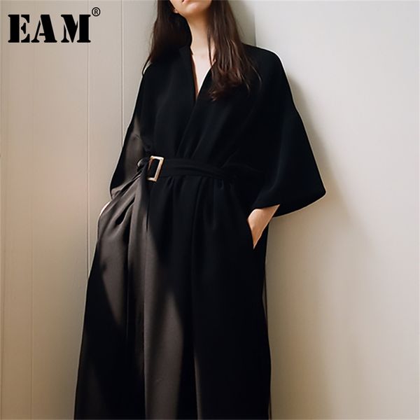 

[eam] 2020 new spring summer v-neck half sleeve black loose waist bandage pocket long big size dress women fashion tide lj200820, Black;gray