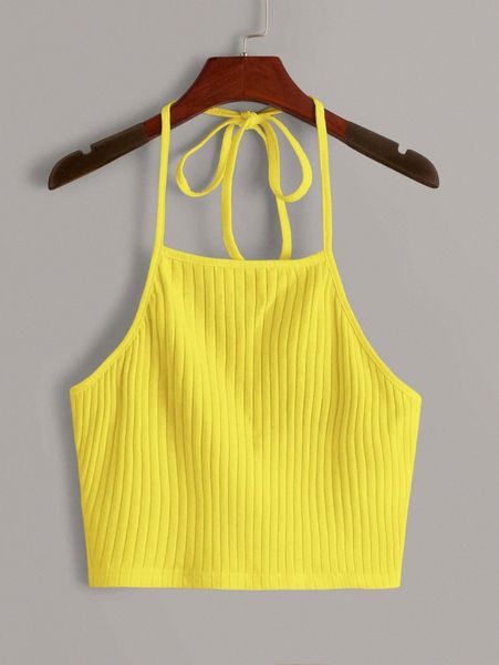 

neon yellow tie back rib-knit halter v8dk#, White