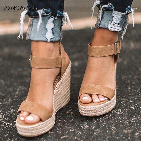 

puimentiua summer platform sandals women peep toe high wedges heel ankle buckles sandalia espadrilles female sandals shoes t200111, Black