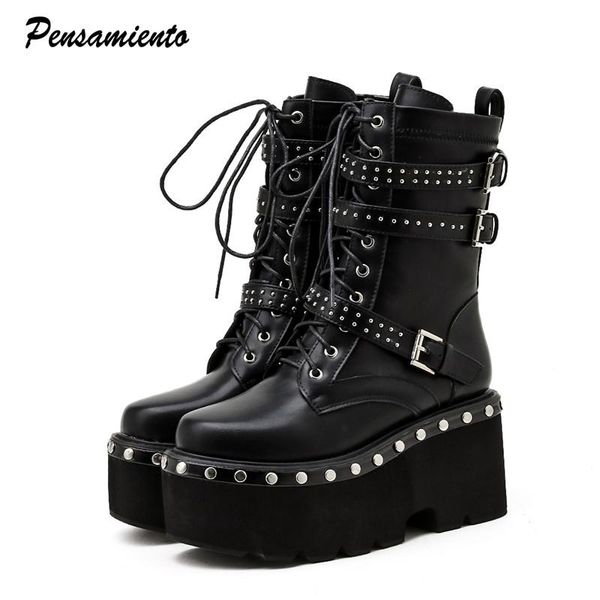 

ins style block women motorcycle boots vintage rivet strap buckle platform wedge chunky shoes autumn winter warm mid-calf boots, Black