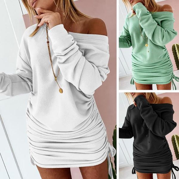 

women pencil dress fall elegant o-neck long sleeve shrinkage drawstring high waist solid slim wrap hip pullover mini dress1, Black;gray