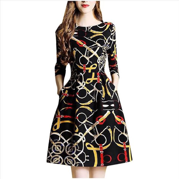 

vintage long sleeve dress retro printed pocket o neck mini dress woman summer autumn a line party holiday work vestidos, Black;gray
