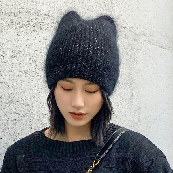 

beanie/skull caps 2021 winter hat cat ear shaped knitted cap girl fur beanie for women skullies warm wool gorros female, Blue;gray