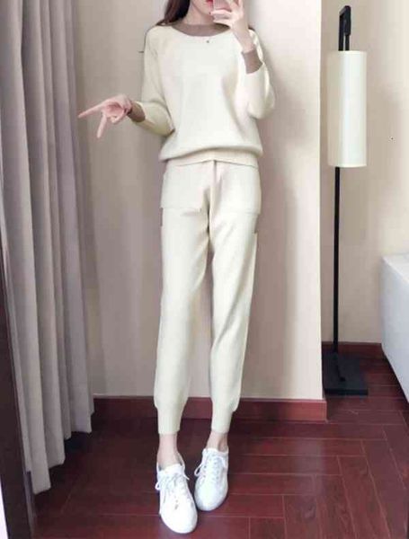 

women's two piece pants women winter woolen and cashmere pattern knitted warm suit o-neck sweater+pants tracksuit set female sporting s, White