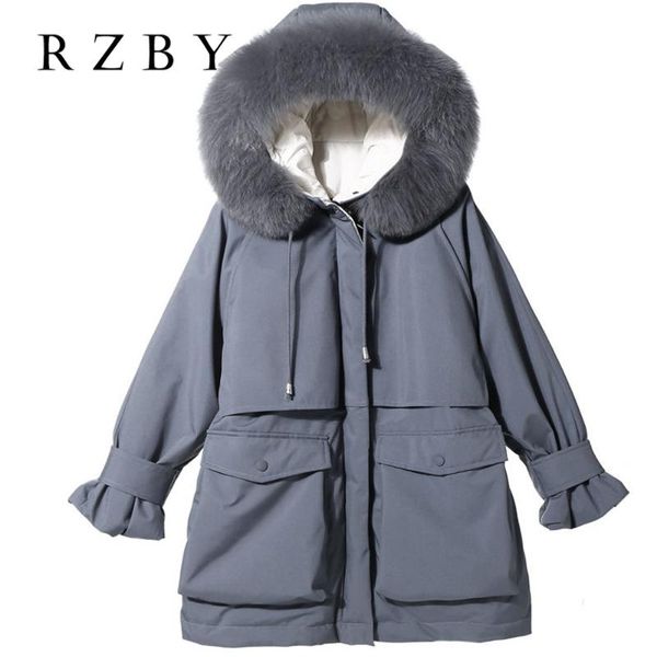 

women parka thicked hooded fur collar female jacket pockets lady veste comfortable winter coat loose solid splicing coat rzby129, Black