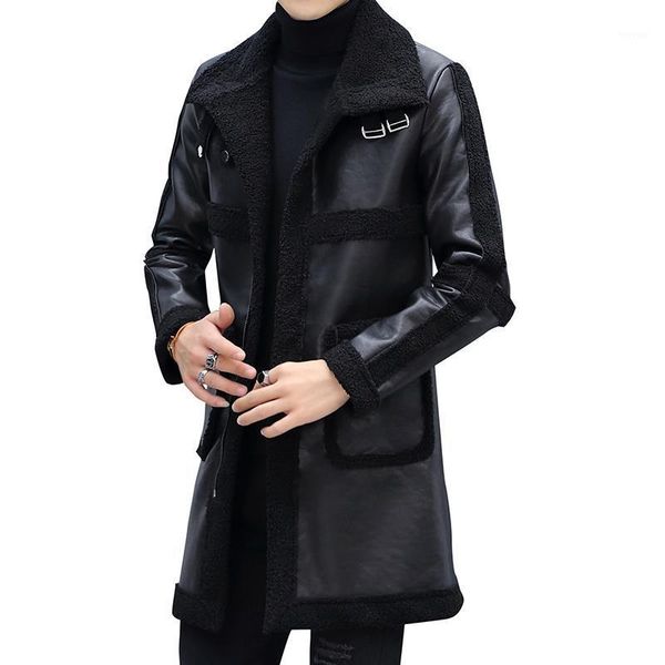 

winter slim motorcycle long leather coats men casual single-breasted coat mens leather trench coats lapel black fashion1