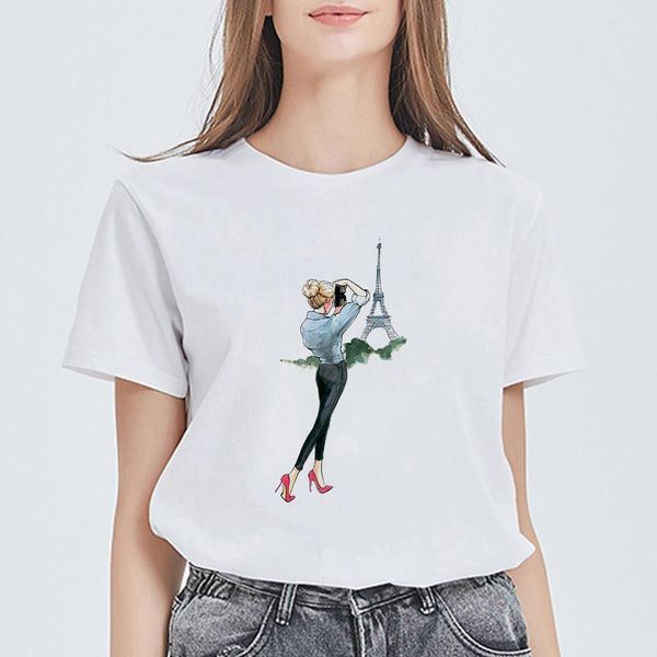 

selling paris tower girl vintage t shirt streetwear aesthetic harajuku pop fashion cool summer t-shirt, White