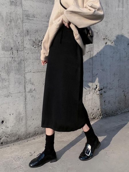 

2020 spring and fall women long skirt elastic waist warm knitted straight slim elegant black pencil skirts faldas jupe femme1