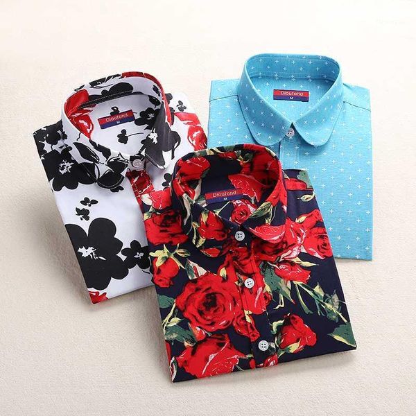 

dioufond new women print blouses 2017 cotton floral ladies long sleeve blusas femininas plus size women clothing fashion1, White