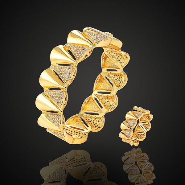 

lanruisha bvl 3a cubic zirconia micro pave setting sector bangle with ring fashion jewelry set trendy bracelet, Silver