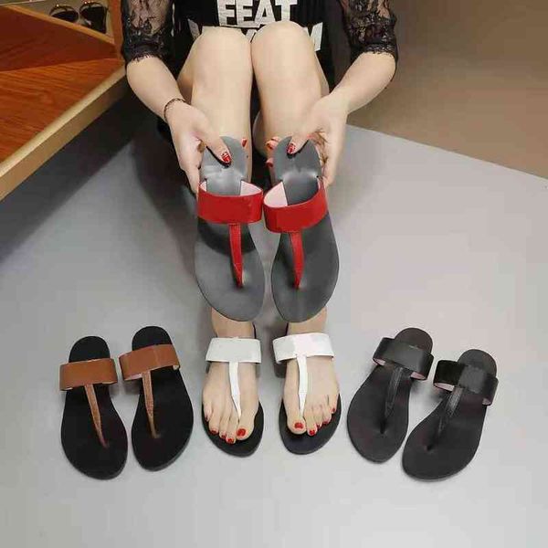 

new flat bottom leather herringbone flip flops simple solid color can be worn outside women's leisure, Black
