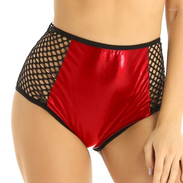 

tiaobug women shiny metallic fishnet patchwork nightclub dance performance festival rave costume underwear briefs panties1, Black;pink