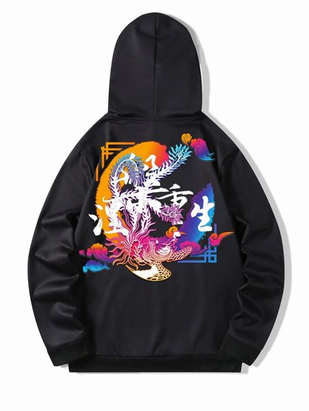 

men chinese character and phoenix print hoodie f8e2#, Black