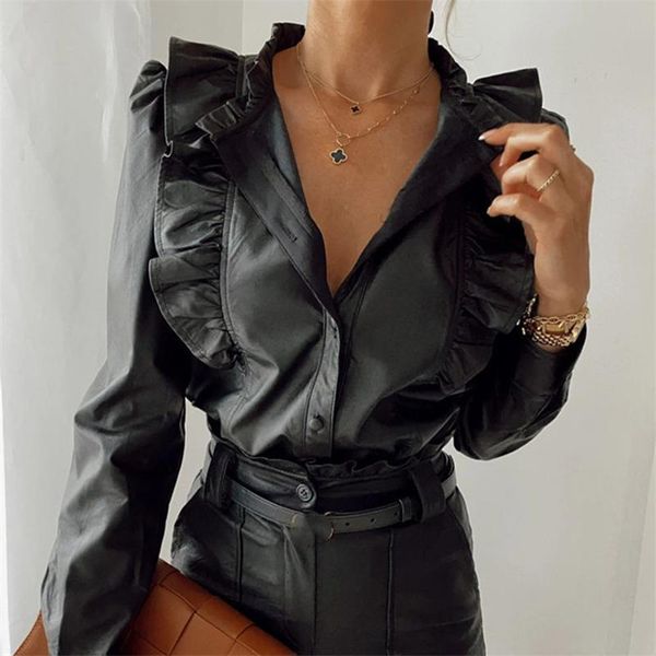 

women elegant v-neck ruffles blouse shirts autumn 2021 vintage black pu office lady casual fashion xl blouses blusa, White