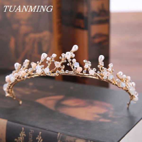 

pearl rhinestone elegant bride princess crown handmade pageant wedding tiara crown golden accessories for women hair1, Golden;silver