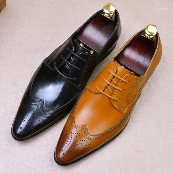 

dress shoes italian style man formal wingtip brogue genuine leather handmade wedding oxfords pointed toe laces men's flats ss5741, Black