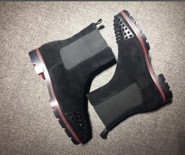 

2021 years men red bottom sneaker man boot spikes suede leather red sole men shoes super perfect melon motorcycle ankle boot for men, Black