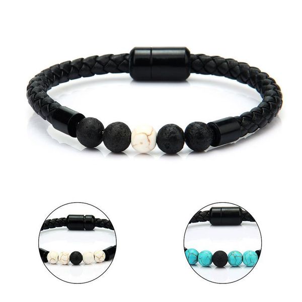 

2020 new style magnetic buckle men's leather bracelet natural volcanic stone beaded men's hand jewelry factor qylthr, Black