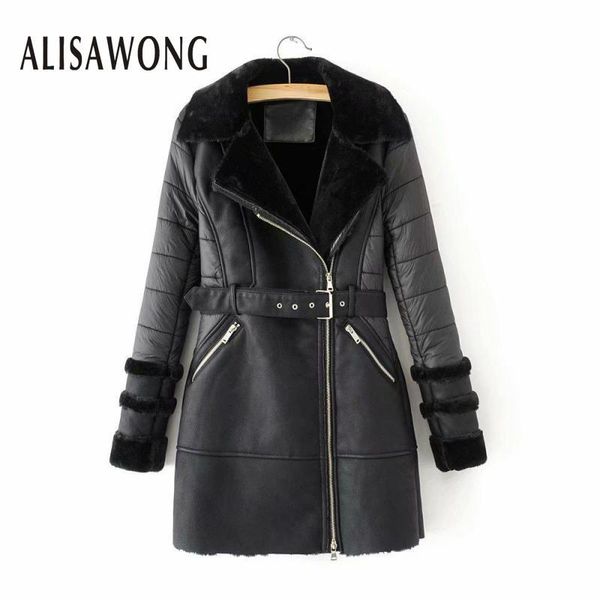 

winter fashion new women medium long lamb wool lining patchwork pu leather jacket 2020 ladies loose punk black leather jacket