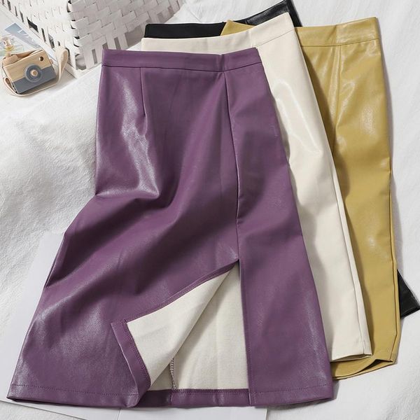 

2020 temperament front split skirts women korean style bag hip autumn pure color fashion skirt age-reducing pu skirts female, Black