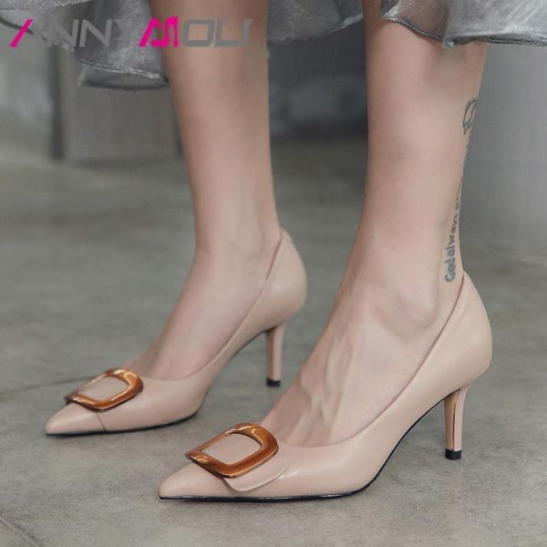 

dress shoes annymoli women high heels natural genuine leather thin party cow buckle pointed toe pumps female1, Black