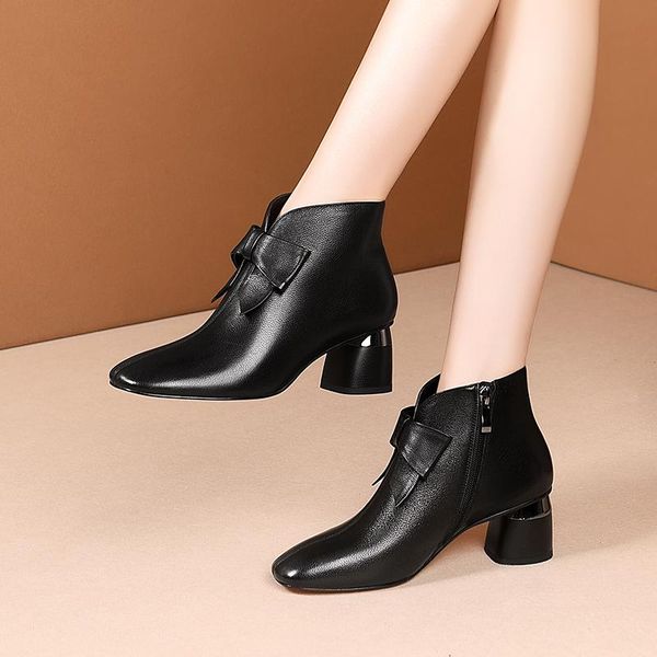 

2020 autumn winter bowties decoration women's boots genuine leather rouned high heels pumps party office shoes woman, Black