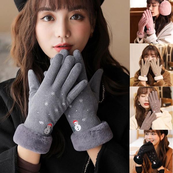 

five fingers gloves winter warm women thicken cartoon print knitted full finger christmas female accessories for ladies girls 2021, Blue;gray