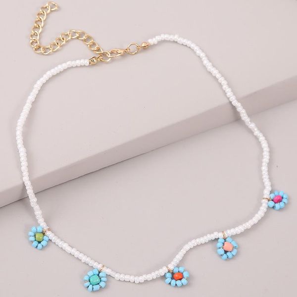 

fashion ladies white glass bead necklace handmade blue beaded flower pendant for women beach style necklace statement jewelry, Silver