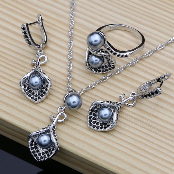 

horn flower silver 925 bridal jewelry sets black pearl zircon for women wedding pendant drop earrings open rings necklace set, Golden;silver
