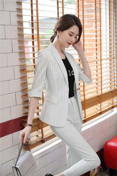 

fashion striped women formal business suits with jackets and pencil pants styles ladies office work wear pantsuits blazers1, White