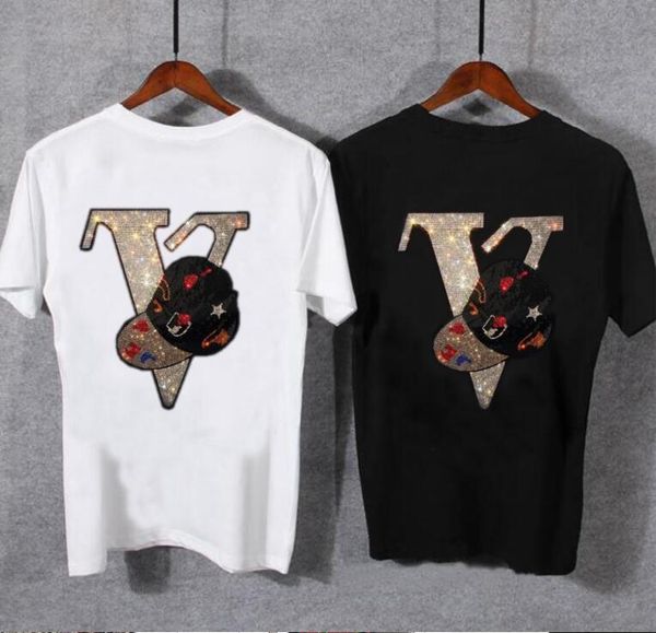 

new rhinestone t-shirts men cotton quality two side designer t-shirt, White;black