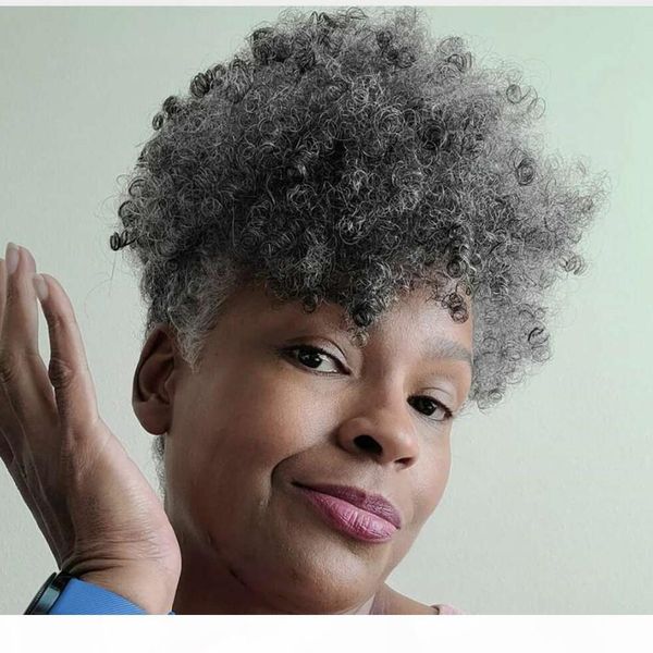

afro puff drawstring ponytail kinky curly afro clip on updo chignon bun hair piece extensions for african american women medium size (gray, Black
