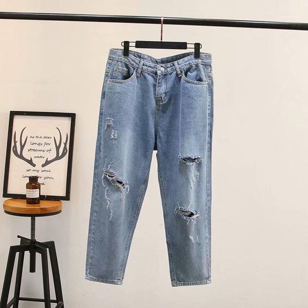 

plus size casual jeans 2019 autumn women fashion loose holes denim ankle-length pants t55-18761, Blue