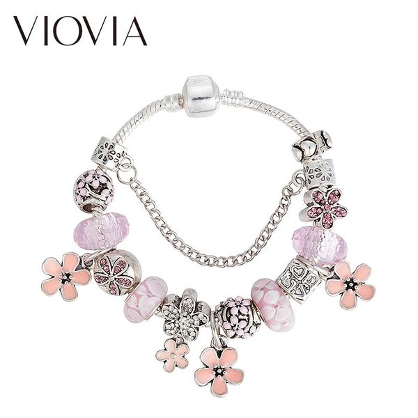 

charm bracelets viovia pink flower for women kid murano beads lovely brand bracelets&bangles jewelry b17155, Golden;silver