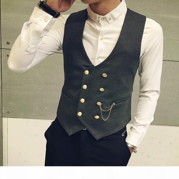 

2018 mens vests and waistcoats slim fit masculino cotton double breasted sleeveless jacket waistcoat suit collar men suit vest, Black;white