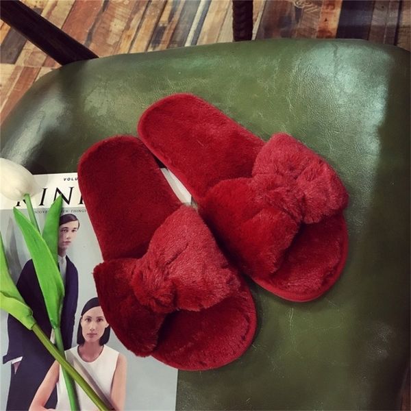 

cootelili winter fashion women home slippers faux fur warm shoes woman slip on flats bowtie female slides plus size 42 43 44 45 y201026, Black