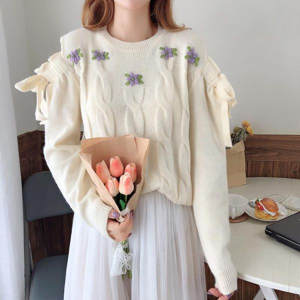 

women's sweaters autumn and winter carefully machine off shoulder sweater pullover round neck embroidered, White;black