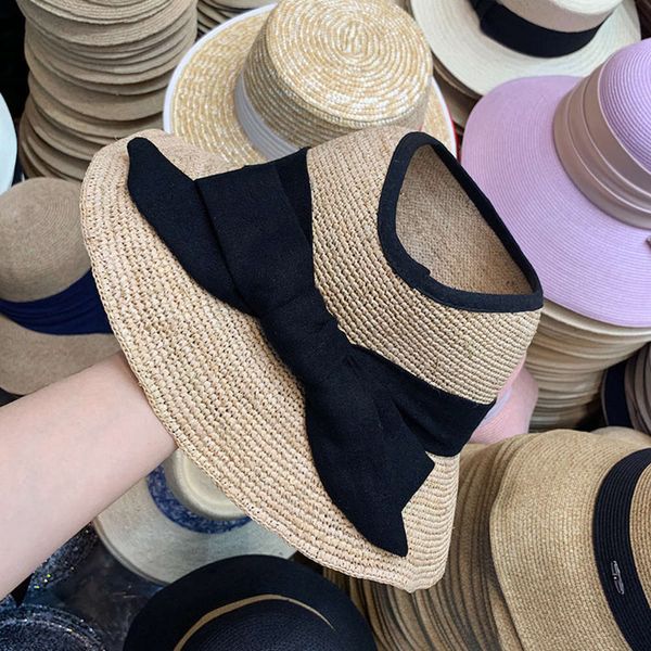 

straw temperament bowknot lafite women's summer outdoor vacation beach sunshade cornice hat, Blue;gray
