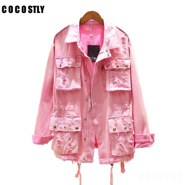 

women's jackets hole denim jacket women vintage pink pockets buttons loose coat female jean outerwear manteau femme hiver casaco femini, Black;brown