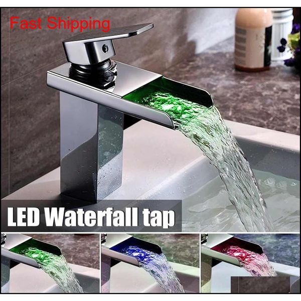 

led color change waterfall basin faucet chrome polished single handle faucet bathroom sink cold and mixer tap dcxgz
