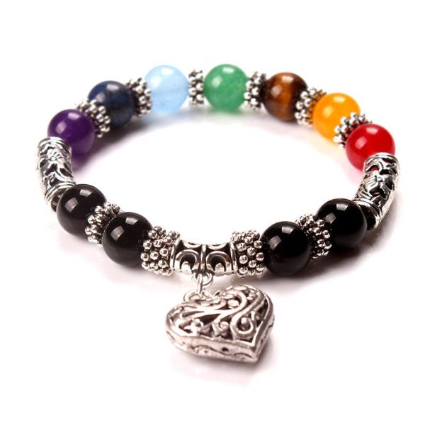 

10mm beads mens womens 7 chakra bracelets bangle healing crystals stone chakra pray mala heart charm bracelet jewelry, Golden;silver